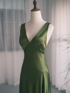 Simple V Neck Satin Green Long Formal Prom Dresses, Green Long Formal Dresses