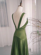 Simple V Neck Satin Green Long Formal Prom Dresses, Green Long Formal Dresses