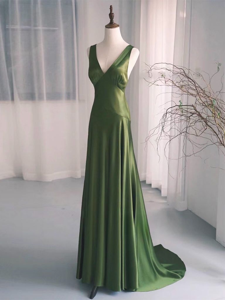 Simple V Neck Satin Green Long Formal Prom Dresses, Green Long Formal Dresses Main image