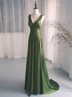 Simple V Neck Satin Green Long Formal Prom Dresses, Green Long Formal Dresses