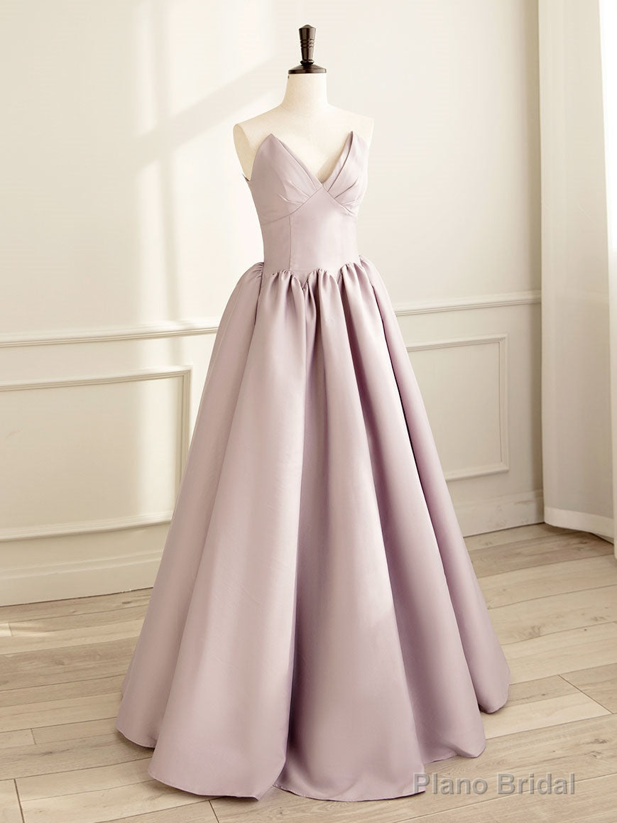 Simple V Neck Satin Pink Long Prom Dress, Satin Formal Evening Dress Main image