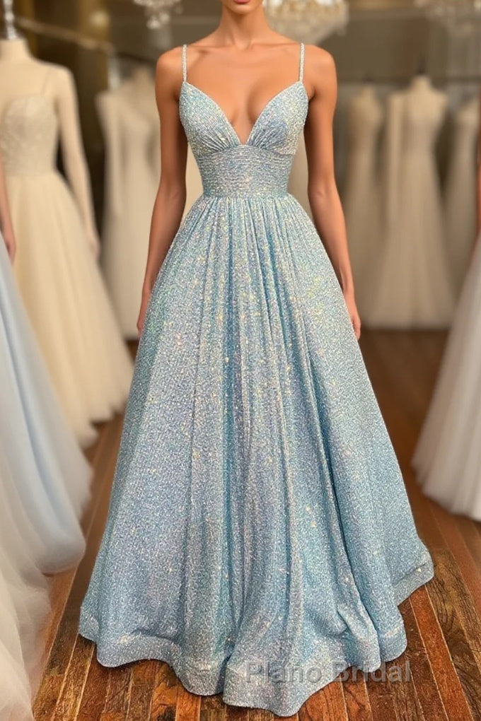 Simple v neck sequin long Formal Prom dress, blue sequin formal dress