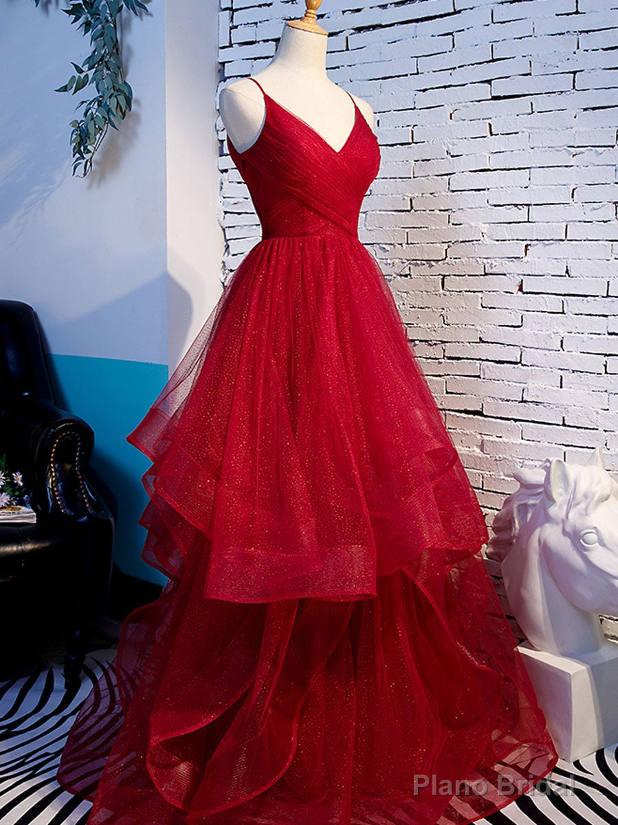 Simple V Neck Tulle Burgundy Long Prom Dress, Burgundy Formal Graduation Dresses
