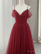 Simple V neck Tulle Burgundy Long Prom Dress, Burgundy Tulle Formal Dresses