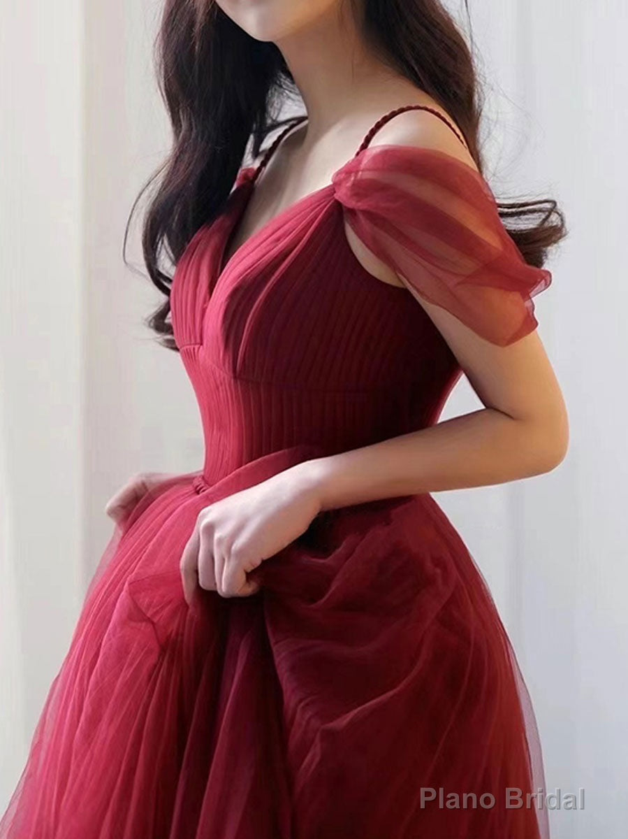Simple V neck Tulle Burgundy Long Prom Dress, Burgundy Tulle Formal Dresses Secondary image