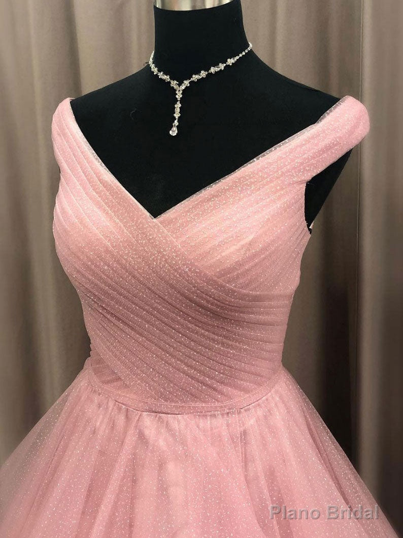 Simple V Neck Tulle Long Pink Prom Dress, Pink Tulle Formal Dresses Secondary image
