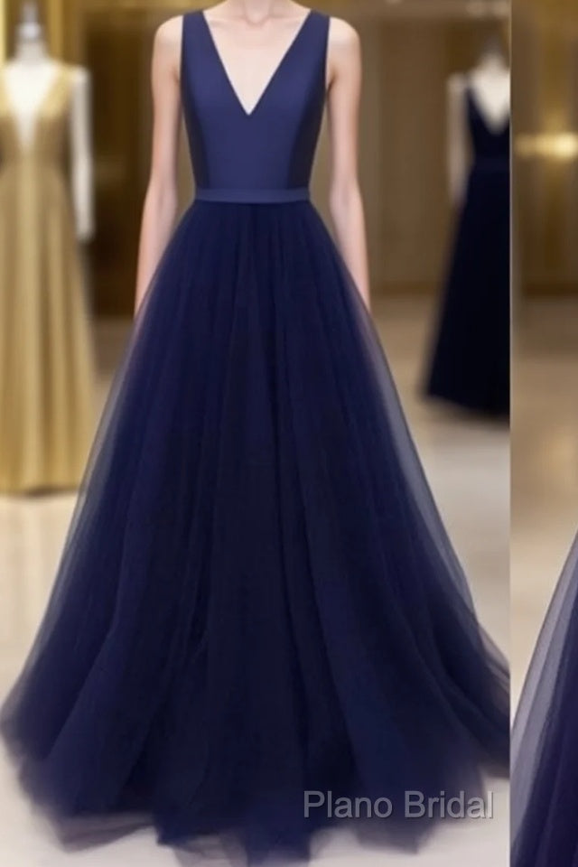 Simple V Neck Tulle Long Formal Prom Dresses, Dark Blue Formal Dresses Main image