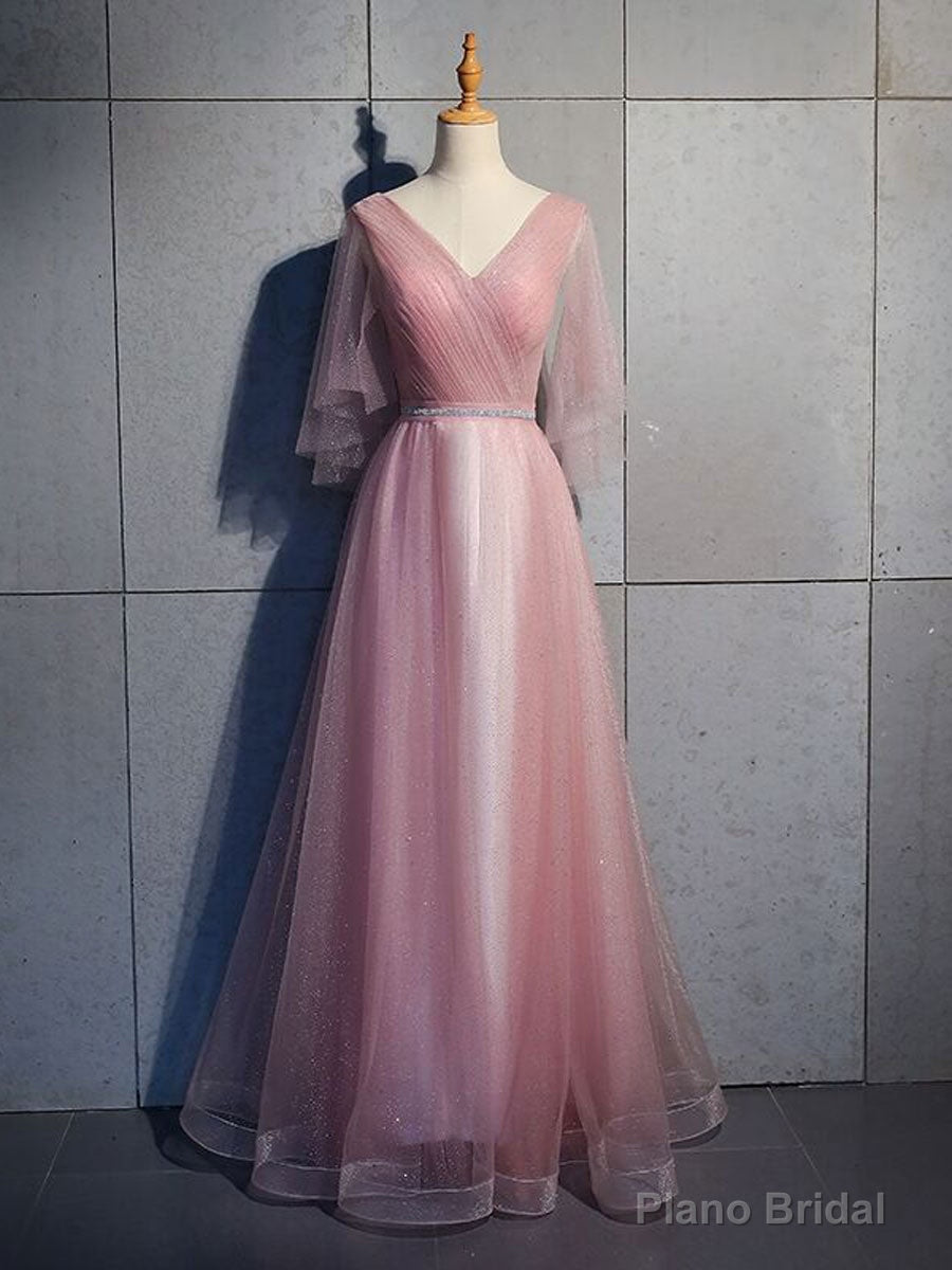 Simple V Neck Tulle Sequin Long Prom Dress, A line Tulle Evening Dresses Secondary image