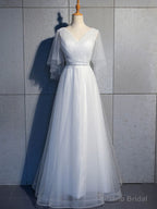 Simple V Neck Tulle Sequin Long Prom Dress, A line Tulle Evening Dresses