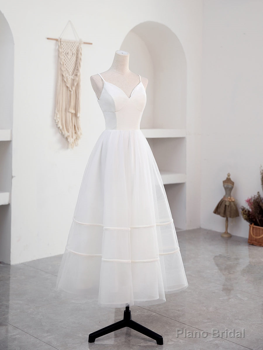 Simple V Neck Tulle Tea Length White Prom Dress, White Bridesmaid Dress Main image