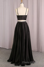 Simple V Neck Two Pieces Black Formal Prom Dresses, 2 Pieces Black Long Formal Dresses, Black Evening Dresses