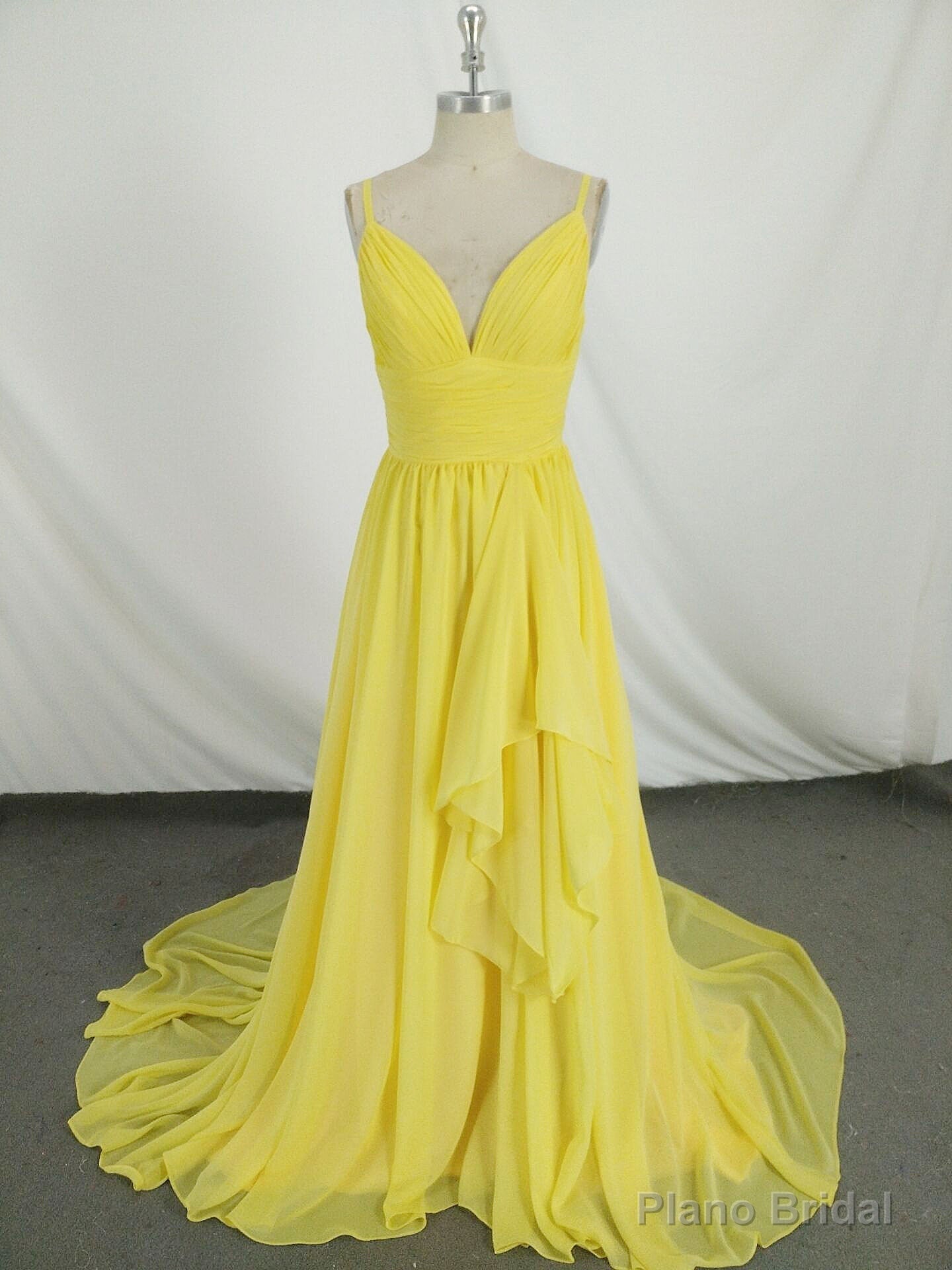 Simple V Neck Yellow Chiffon Long Prom Dress, Yellow Evening Dress Main image