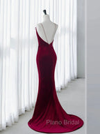 Simple Velvet Mermaid Burgundy Long Formal Prom Dresses, Burgundy Long Formal Dresses