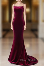 Simple Velvet Mermaid Burgundy Long Formal Prom Dresses, Burgundy Long Formal Dresses