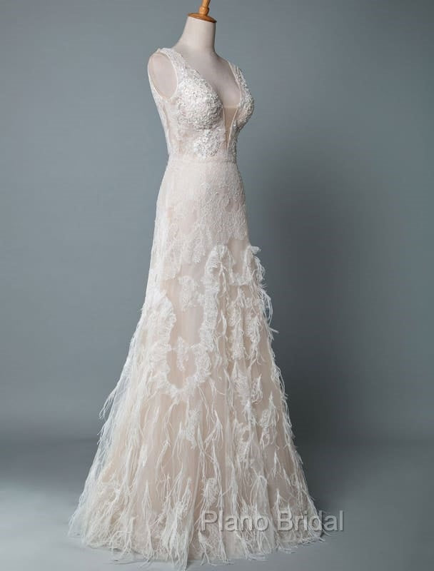Simple Wedding Dresses Lace A Line V Neck Sleeveless Beaded Floor Length Feather Bridal Gowns Secondary image