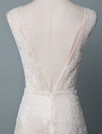 Simple Wedding Dresses Lace A Line V Neck Sleeveless Beaded Floor Length Feather Bridal Gowns