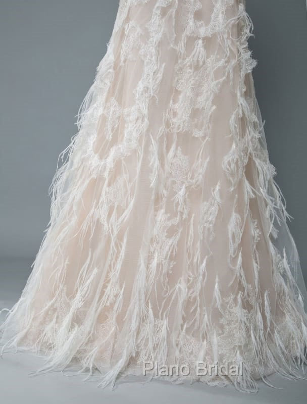 Simple Wedding Dresses Lace A Line V Neck Sleeveless Beaded Floor Length Feather Bridal Gowns