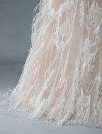Simple Wedding Dresses Lace A Line V Neck Sleeveless Beaded Floor Length Feather Bridal Gowns