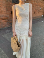 Simple A Line Round Neck Light Apricot Lace Chiffon Party Dresses Outfits