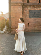 Simple A Line Round Neck Light Apricot Lace Chiffon Party Dresses Outfits