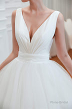 Simple White A Line V Neck Open Back Tulle Wedding Dresses