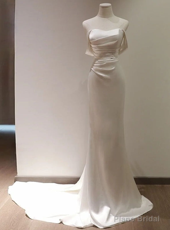 Simple White Mermaid Pleats Off the Shoulder Wedding Dress Main image