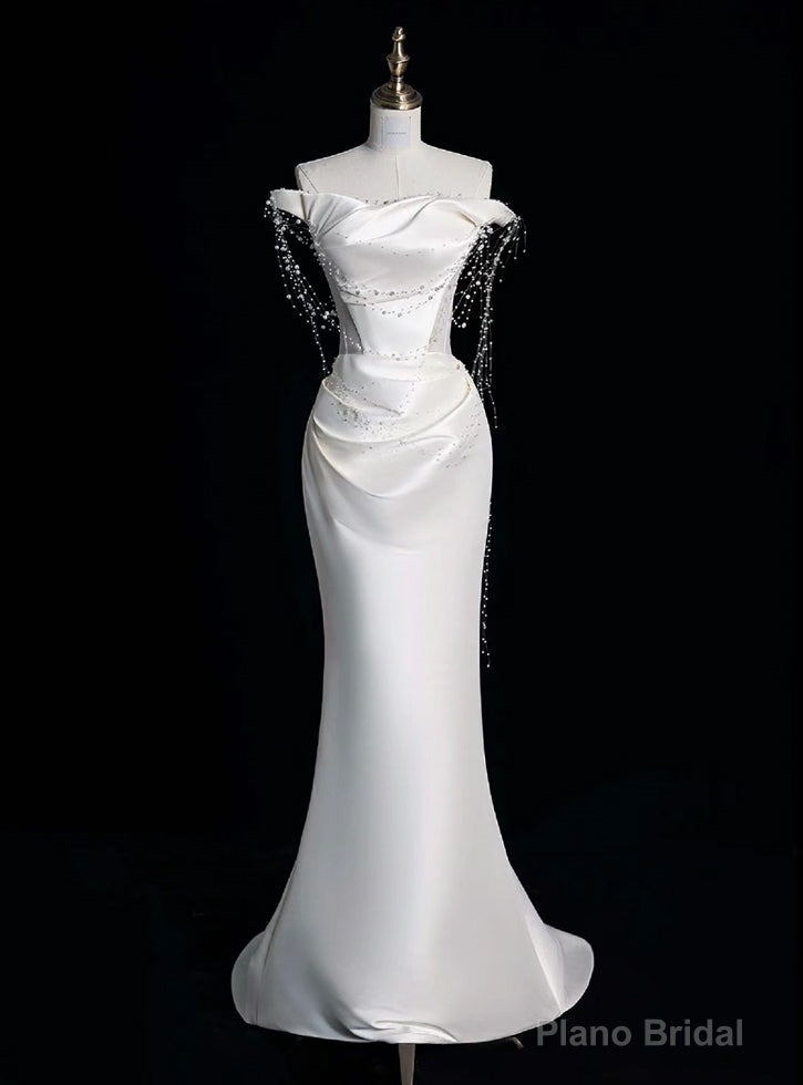 Simple White Mermaid Satin Off the Shoulder Pleats Wedding Dress Main image