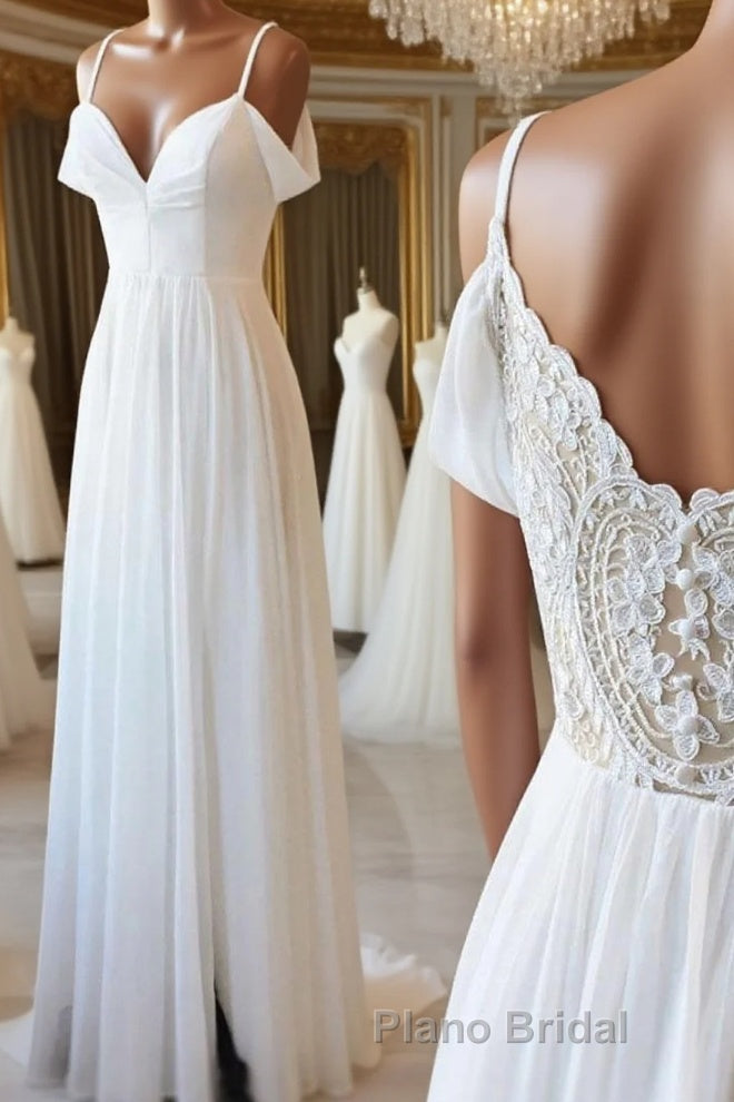 Simple white off shoulder chiffon lace long Formal Prom dress evening dress Main image