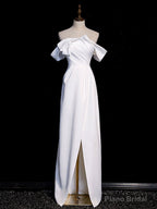 Simple White Off Shoulder Satin Long Prom Dress, White Long Formal Dress