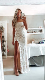 Simple White Formal Prom Dresses, Modest Slit Formal Evening Dresses, Lace Wedding Gown