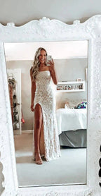 Simple White Formal Prom Dresses, Modest Slit Formal Evening Dresses, Lace Wedding Gown