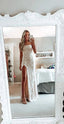 Simple White Formal Prom Dresses, Modest Slit Formal Evening Dresses, Lace Wedding Gown