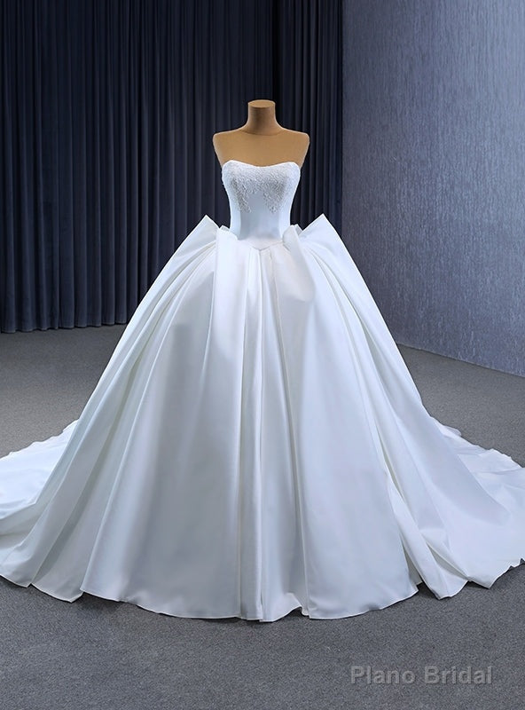 Simple White Satin Strapless Lace Wedding Dress Main image