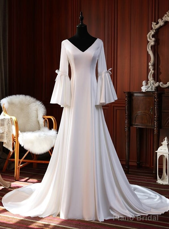 Simple White Satin V-neck Long Sleeve Wedding Dress Main image