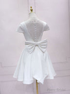 Simple White V Neck Lace Short Prom Dress, White Bridesmaid Dress