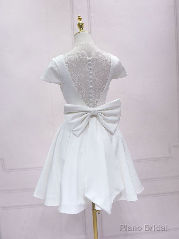 Simple White V Neck Lace Short Prom Dress, White Bridesmaid Dress