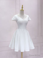 Simple White V Neck Lace Short Prom Dress, White Bridesmaid Dress