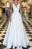 Simple white v neck satin long Formal Prom dress white evening dress