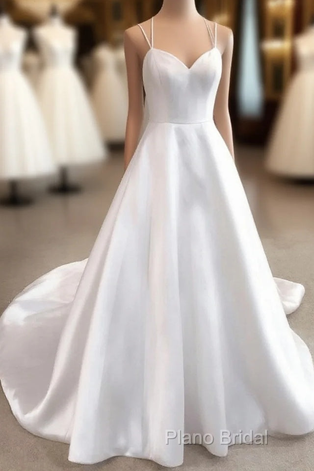 Simple White V Neck Satin Long Wedding Dresses White Bridal Dresses Main image