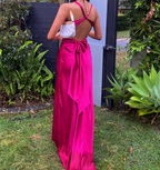 Simple Yellow A-Line Long Formal Prom Dresses For Party&Guest-V Neck Satin Beautiful Backless Formal Evening Dresses