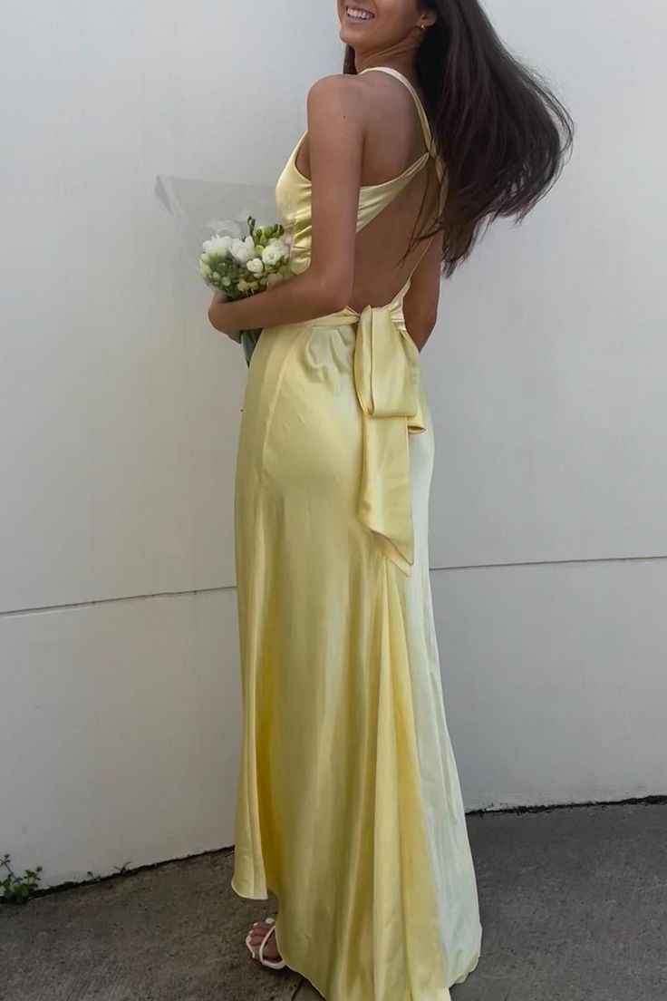Simple Yellow A-Line Long Formal Prom Dresses For Party&Guest-V Neck Satin Beautiful Backless Formal Evening Dresses Secondary image