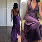 Simple Yellow A-Line Long Formal Prom Dresses For Party&Guest-V Neck Satin Beautiful Backless Formal Evening Dresses