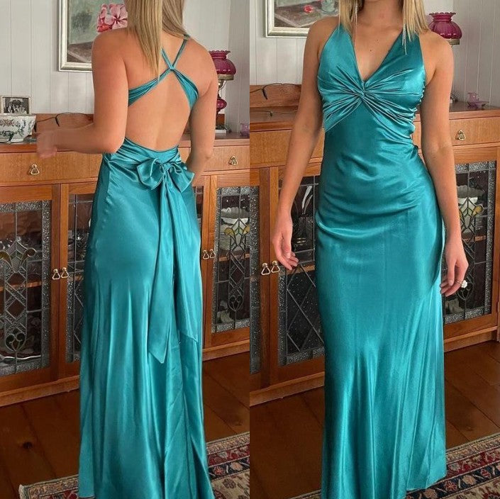 Simple Yellow A-Line Long Formal Prom Dresses For Party&Guest-V Neck Satin Beautiful Backless Formal Evening Dresses