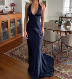 Simple Yellow A-Line Long Formal Prom Dresses For Party&Guest-V Neck Satin Beautiful Backless Formal Evening Dresses