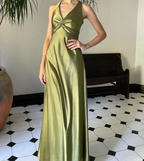 Simple Yellow A-Line Long Formal Prom Dresses For Party&Guest-V Neck Satin Beautiful Backless Formal Evening Dresses
