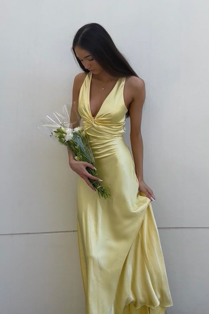 Simple Yellow A-Line Long Formal Prom Dresses For Party&Guest-V Neck Satin Beautiful Backless Formal Evening Dresses