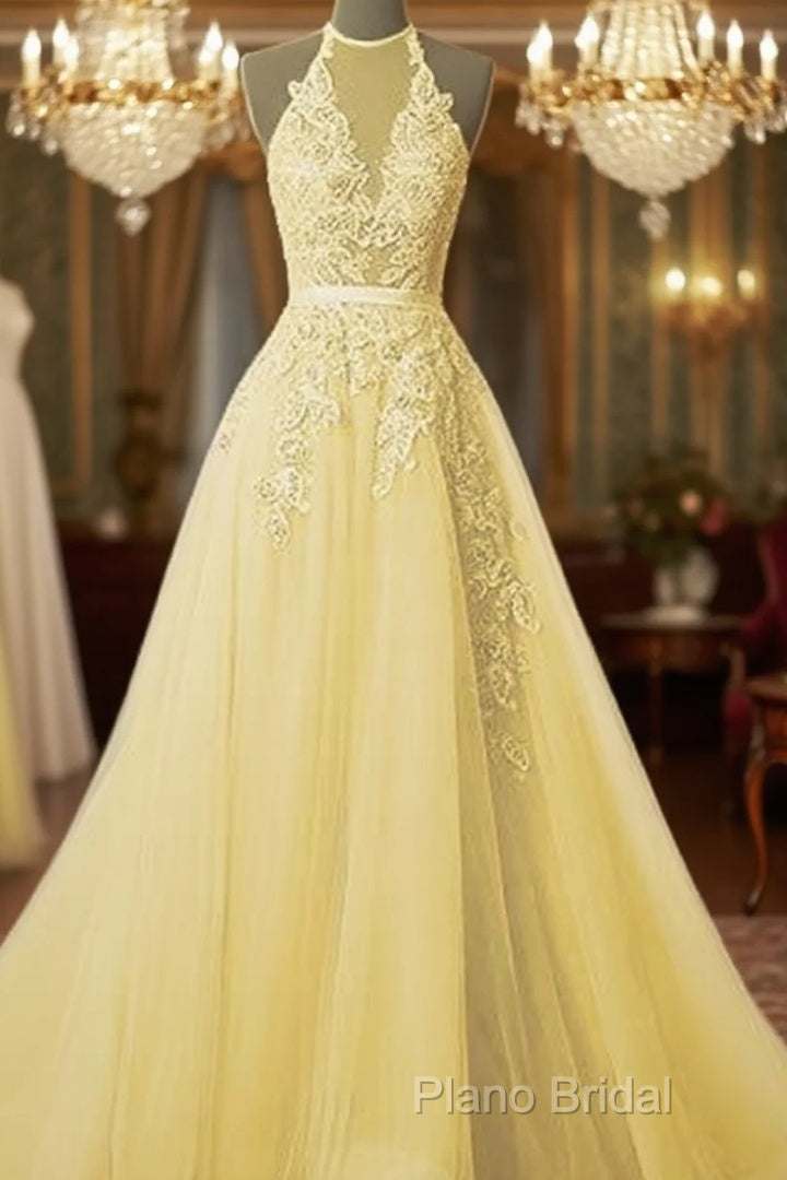Simple Yellow Lace Formal Prom Dresses With Beading