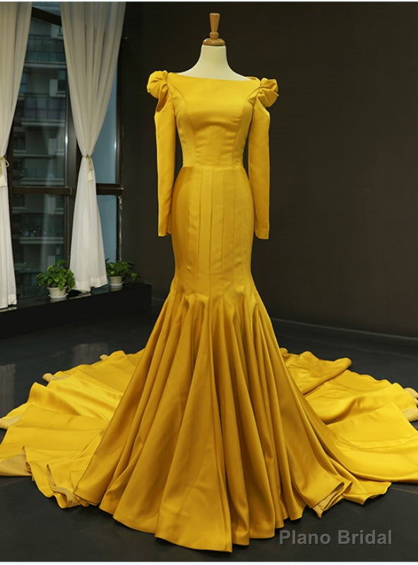 Simple Yellow Mermaid Satin Long Sleeve Prom Dress With Long Train Main image