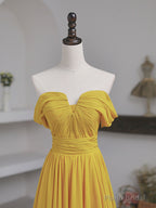 Simple Yellow Off Shoulder Long Prom Dress, Yellow Chiffon Graduation Dresses