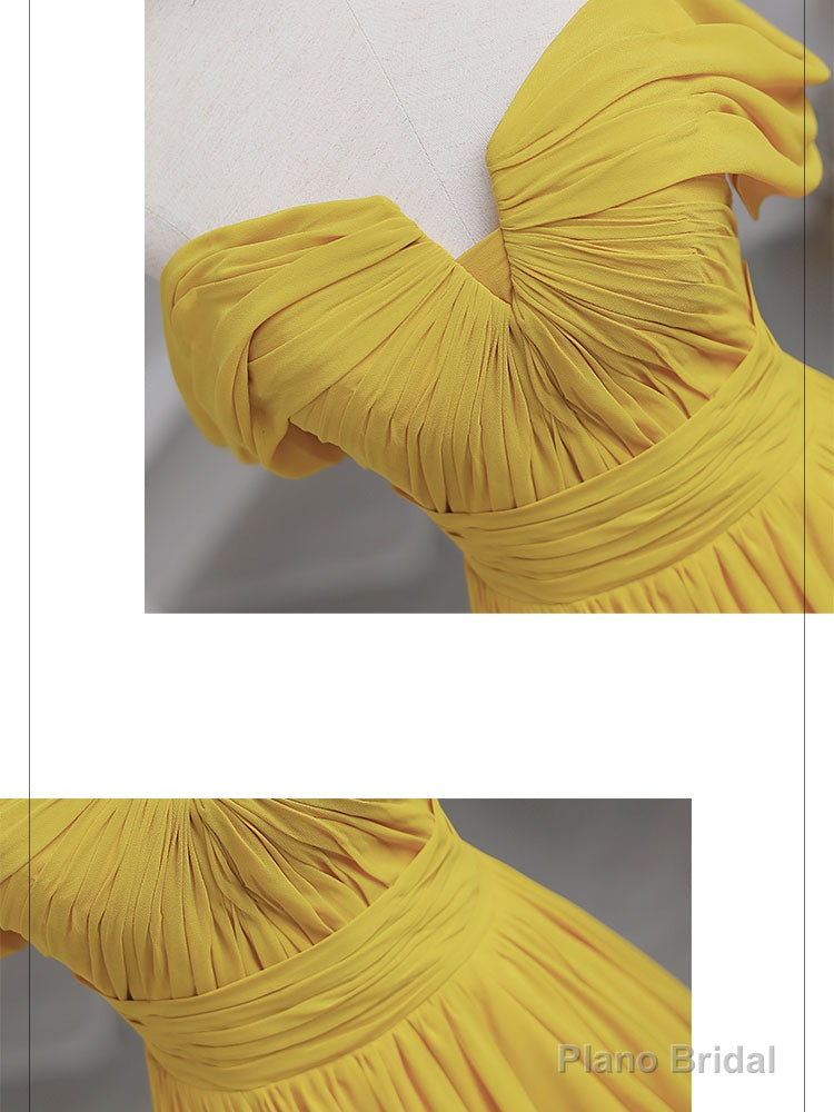 Simple Yellow Off Shoulder Long Prom Dress, Yellow Chiffon Graduation Dresses